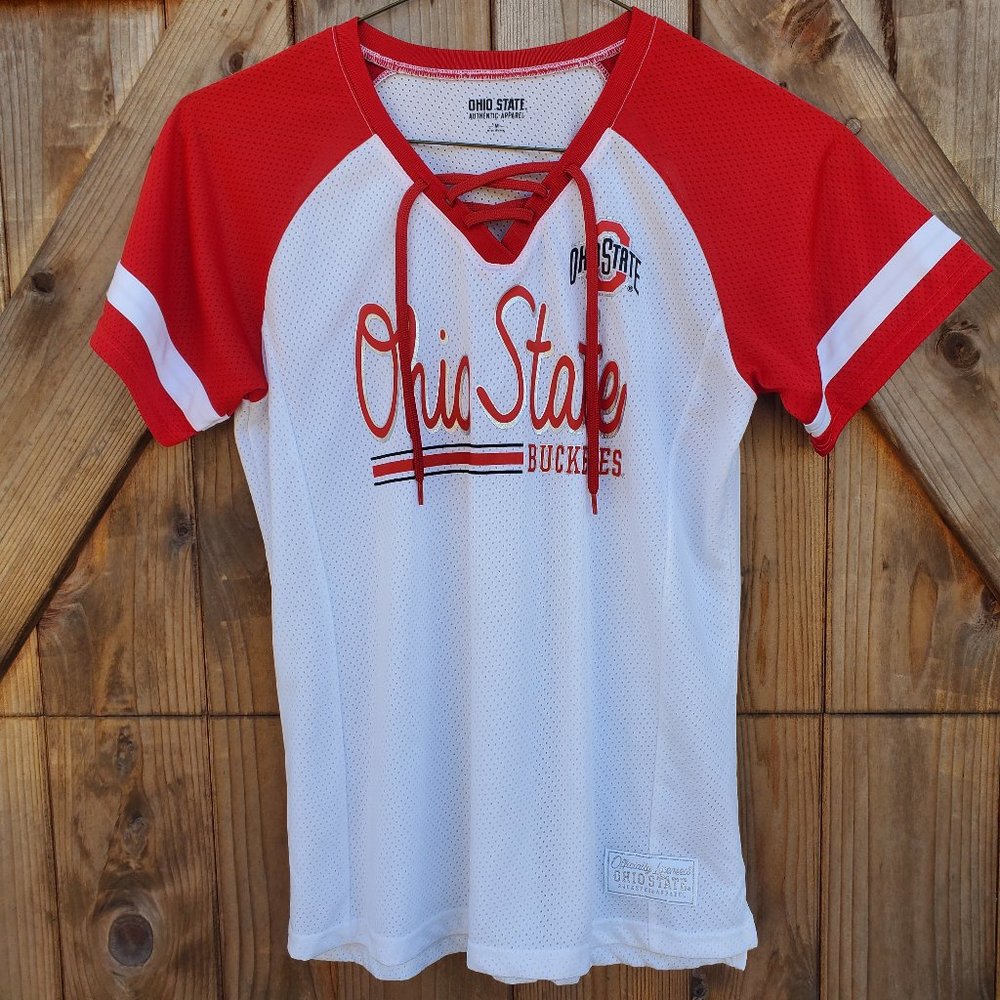 Ohio State Buckeyes women's formation lace-up v-neck t=-shirt